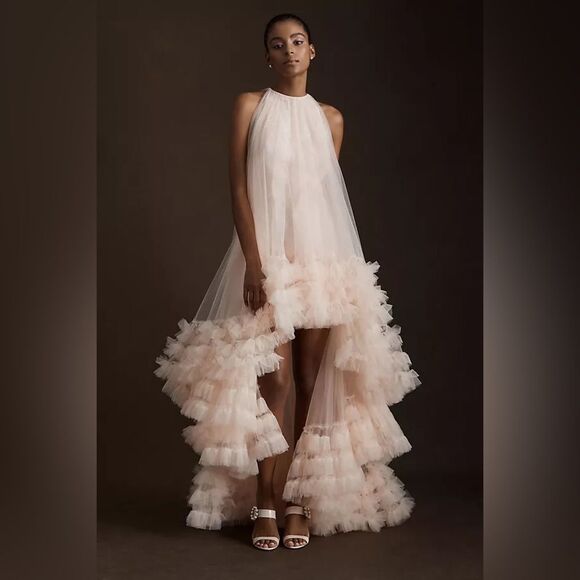 MAC DUGGAL 68252 Light Pink Tulle High Neck Sleeveless Ruffled Hem Hi-Low Gown - Picture 2 of 16